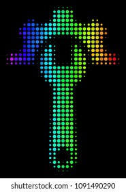Dot impressive halftone service tools icon in rainbow color variations with horizontal gradient on a black background. Bright vector pattern of service tools symbol made of circle pixels.