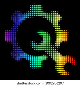 Dot impressive halftone service tools icon drawn with rainbow color tints with horizontal gradient on a black background. Bright vector mosaic of service tools symbol formed of rectangular items.
