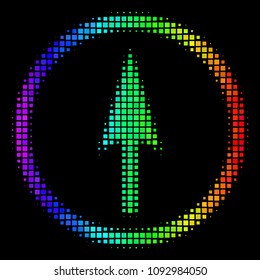 Dot impressive halftone sharp rounded arrow icon using spectrum color hues with horizontal gradient on a black background.