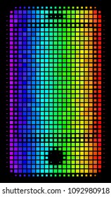 Dot impressive halftone smartphone icon in spectrum color tints with horizontal gradient on a black background. Colorful vector mosaic of smartphone pictogram formed from rectangular items.