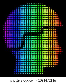 Dot impressive halftone soldier helmet icon drawn with spectrum color variations with horizontal gradient on a black background.