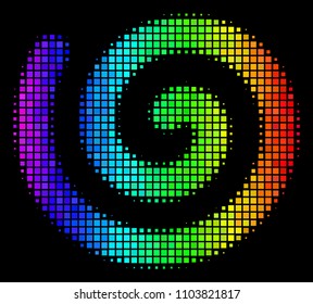 Dot impressive halftone spiral icon drawn with spectral color tints with horizontal gradient on a black background. Colorful vector pattern of spiral pictogram combined with rectangular elements.