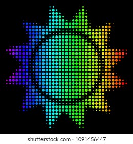 Dot impressive halftone sun icon using spectrum color shades with horizontal gradient on a black background. Bright vector concept of sun illustration constructed of round points.