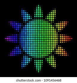 Dot impressive halftone sun icon in rainbow color variations with horizontal gradient on a black background. Bright vector mosaic of sun pictogram made with circle dots.