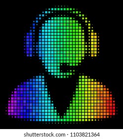 Dot impressive halftone support operator icon in spectrum color hues with horizontal gradient on a black background.