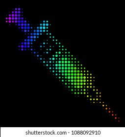 Dot impressive halftone syringe icon drawn with spectral color tinges with horizontal gradient on a black background.