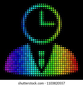 Dot impressive halftone time manager icon drawn with rainbow color tints with horizontal gradient on a black background. Bright vector concept of time manager pictogram combined with rectangle pixels.