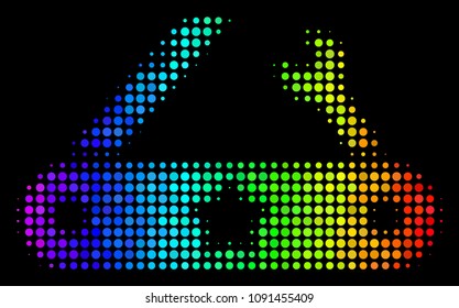 Dot impressive halftone universal multitool knife icon drawn with rainbow color tones with horizontal gradient on a black background.