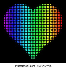 Dot impressive halftone valentine heart icon drawn with spectrum color hues with horizontal gradient on a black background. Colored vector pattern of valentine heart symbol made from circle elements.