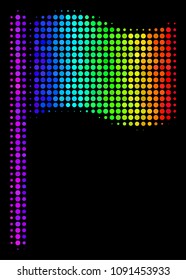 Dot impressive halftone waving flag icon using spectrum color tinges with horizontal gradient on a black background. Colored vector composition of waving flag symbol organized of circle points.