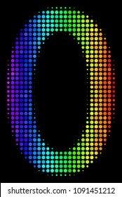 Dot impressive halftone zero digit icon drawn with spectrum color variations with horizontal gradient on a black background. Multicolored vector mosaic of zero digit symbol made with round particles.