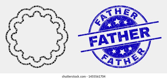 Dot inner gear mosaic icon and Father seal stamp. Blue vector rounded textured watermark with Father phrase. Vector collage in flat style. Black isolated inner gear mosaic of scattered dots,