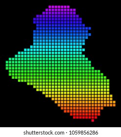 A dot Iraq Map. Vector geographic map in bright spectrum colors on a black background. Colored vector abstract composition of Iraq Map composed of small squares.