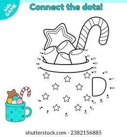 Dot to dot kids game. Christmas cocoa mug with gingerbread, marshmallow and candy cane. Connect the dots by numbers and draw New Year coffee cup. Educational puzzle for children. Holiday vector design