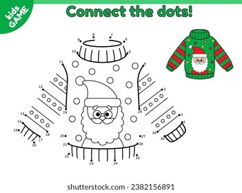 Dot to dot kids game. Christmas ugly sweater with Santa Claus. Connect the dots by numbers and draw a cartoon holiday New Year jumper. Educational puzzle for children. Vector outline illustration.