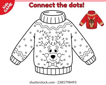 Dot to dot kids game. Christmas ugly sweater with deer. Connect the dots by numbers and draw a cartoon reindeer on holiday New Year jumper. Educational puzzle for children. Vector Xmas illustration.