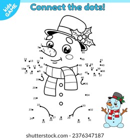 Dot to dot kids game. Connect the dots by numbers and draw a cartoon snowman in scarf and hat with mistletoe. Educational puzzle for children with winter snow character. Baby worksheet. Vector design.