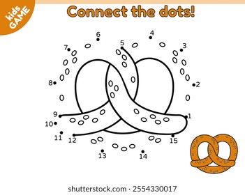 Dot to dot kids game. Connect the dots by numbers. Soft pretzel is traditional German, Austrian treats. Educational puzzle for children. Vector illustration perfect for design Christmas and New Year.