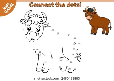 Dot to dot kids game with farm bull. Connect the dots by numbers, draw a cartoon ox and color it. Educational puzzle for preschool and school children. Vector baby illustration of farm animal.