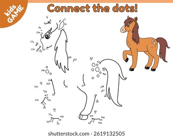 Ponto a ponto jogos infantis com cavalo de fazenda. Conecte os pontos por números, desenhe um animal de fazenda e o colorido. Quebra-cabeça educacional para crianças em idade pré-escolar e escolar. Ilustração de bebê vetorial.