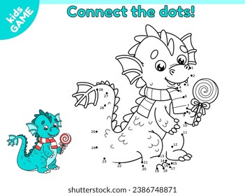 Dot to dot kids game. Symbol of the Chinese New Year is dragon. Connect the dots by numbers and draw the cartoon dragon with a lollipop in paws. Puzzle perfect for holiday activity book. Vector design