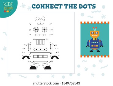 Dot to dot kids game vector illustration. Preschool children educational activity with connecting dots for cartoon funny  humanoid robot 