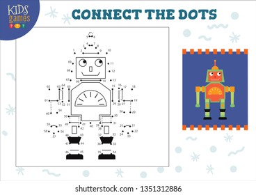 Dot to dot kids game vector illustration. Preschool children drawing activity with connecting dots for cartoon cute humanoid robot 