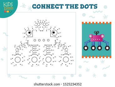 Dot to dot kids game vector illustration. Preschool children drawing activity with connecting dots for cartoon cute robot or monster 