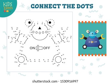 Punto a punto niños juego Ilustración vectorial. Niños preescolares dibujando actividad con puntos de conexión para el personaje de robot de dibujos animados 