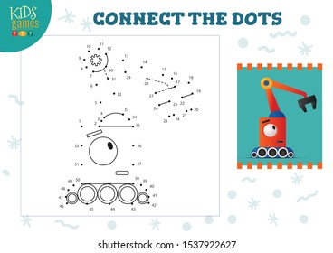 Dot to dot kids game vector illustration. Preschool children drawing activity with connecting dots for cartoon cute crane robot 