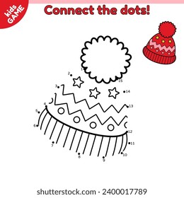 Dot to dot kids game. Winter hat with pom pom. Connect the dots by numbers and draw a cartoon winter clothes. Educational puzzle for preschool and school children. Baby vector illustration.