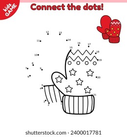 Dot to dot kids game. Winter mittens. Connect the dots by numbers and draw cartoon winter clothes. Educational puzzle for preschool and school children. Vector illustration on white background.