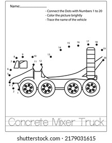 Dot to dot kids puzzle worksheet cartoon drawing construction vehicle. Trace and Color Educational game.