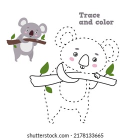 Dot to dot koala game. Trace and color cute koala bear on branch vector coloring illustration. Preschool educational task for kids, printable activity for connecting lines with australian bear
