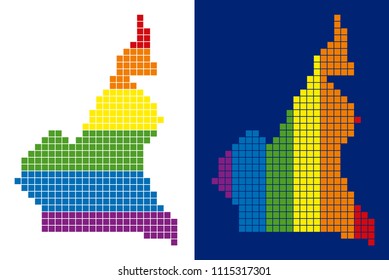 Dot LGBT African Cameroon map variants. Vector geographic plans in LGBT rainbow colors with vertical and horizontal directions on white and blue backgrounds.