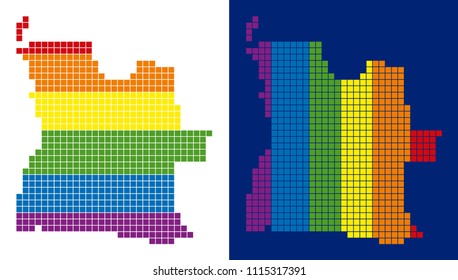 Dot LGBT Angola map versions. Vector geographic maps in LGBT flag colors with vertical and horizontal directions on white and blue backgrounds. Colored abstract concept of Angola map composed of dots.