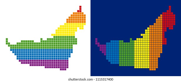 Dot LGBT Arab Emirates map variants. Vector geographic maps in rainbow colors with vertical and horizontal directions on white and blue backgrounds.
