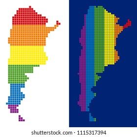 Dot LGBT Argentina map variants. Vector geographic schemes in LGBT rainbow colors with vertical and horizontal directions on white and blue backgrounds.