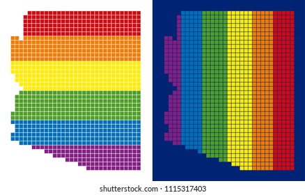 Dot LGBT Arizona State map variants. Vector geographic plans in spectral colors with vertical and horizontal directions on white and blue backgrounds.