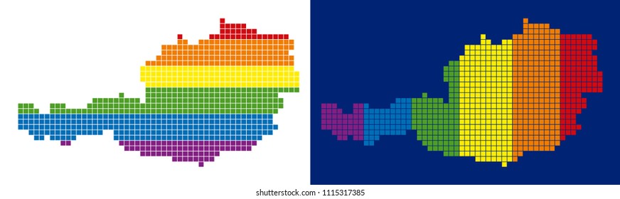 Dot LGBT Austria map versions. Vector geographic maps in LGBT flag colors with vertical and horizontal directions on white and blue backgrounds.
