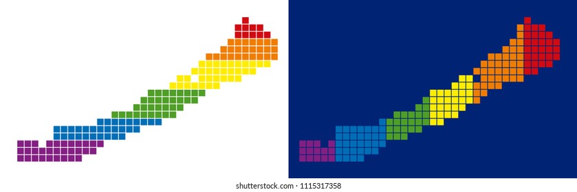 Dot LGBT Balaton Lake map versions. Vector geographic schemes in LGBT flag colors with vertical and horizontal directions on white and blue backgrounds.