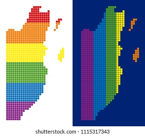 Dot LGBT Belize map versions. Vector geographic maps in rainbow colors with vertical and horizontal directions on white and blue backgrounds.