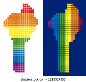 Dot LGBT Benin map variants. Vector geographic maps in LGBT flag colors with vertical and horizontal directions on white and blue backgrounds.