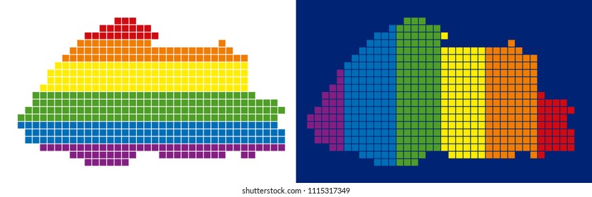 Dot LGBT Bhutan map versions. Vector geographic maps in LGBT rainbow colors with vertical and horizontal directions on white and blue backgrounds.