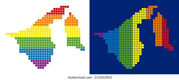 Dot LGBT Brunei map variants. Vector geographic schemes in spectral colors with vertical and horizontal directions on white and blue backgrounds.
