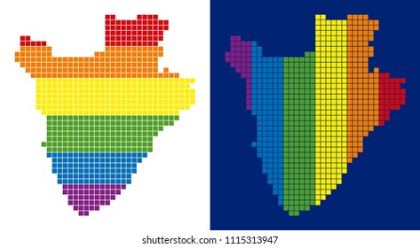 Dot LGBT Burundi map versions. Vector geographic maps in LGBT flag colors with vertical and horizontal directions on white and blue backgrounds.