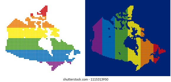 Dot LGBT Canada map variants. Vector geographic schemes in LGBT rainbow colors with vertical and horizontal directions on white and blue backgrounds.