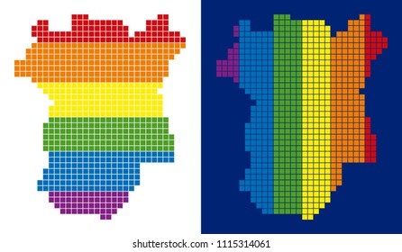 Dot LGBT Chechnya map variants. Vector geographic maps in rainbow colors with vertical and horizontal directions on white and blue backgrounds.