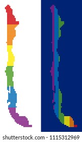 Dot LGBT Chile map variants. Vector geographic schemes in rainbow colors with vertical and horizontal directions on white and blue backgrounds.