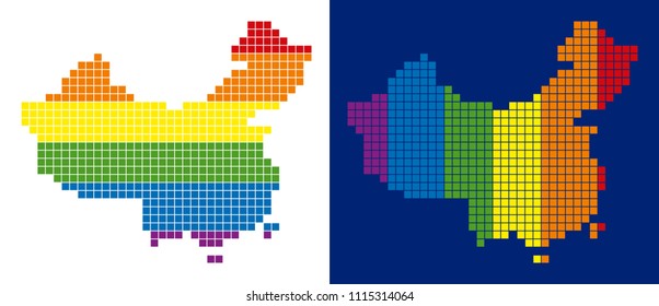 Dot LGBT China map variants. Vector geographic maps in LGBT flag colors with vertical and horizontal directions on white and blue backgrounds.